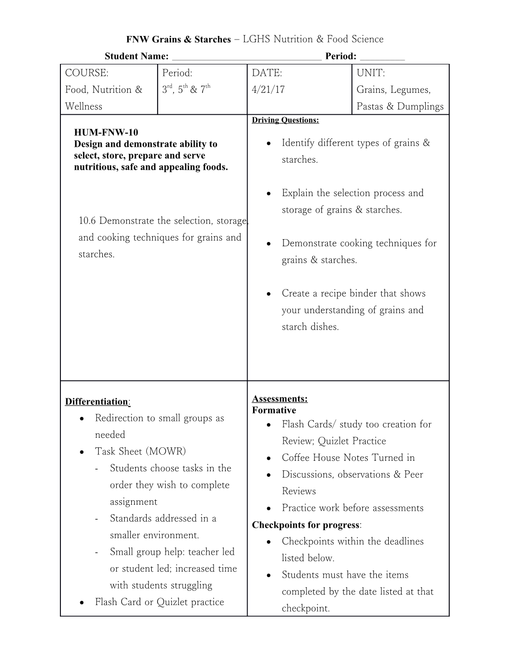 FNW Grains & Starches LGHS Nutrition & Food Science