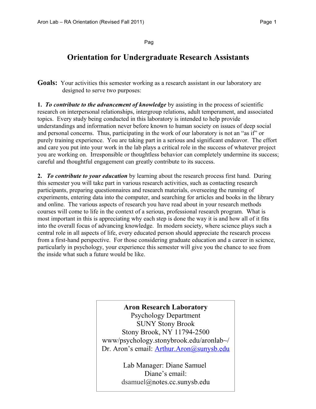 Orientation for Undergraduate Research Assistants