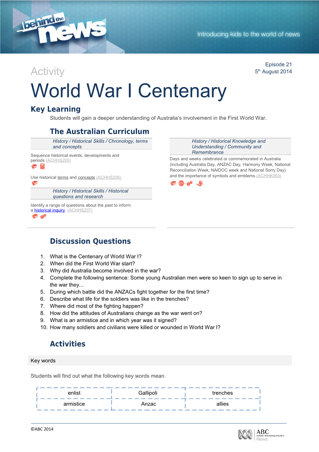 Students Will Gain a Deeper Understanding of Australia S Involvement in the First World War