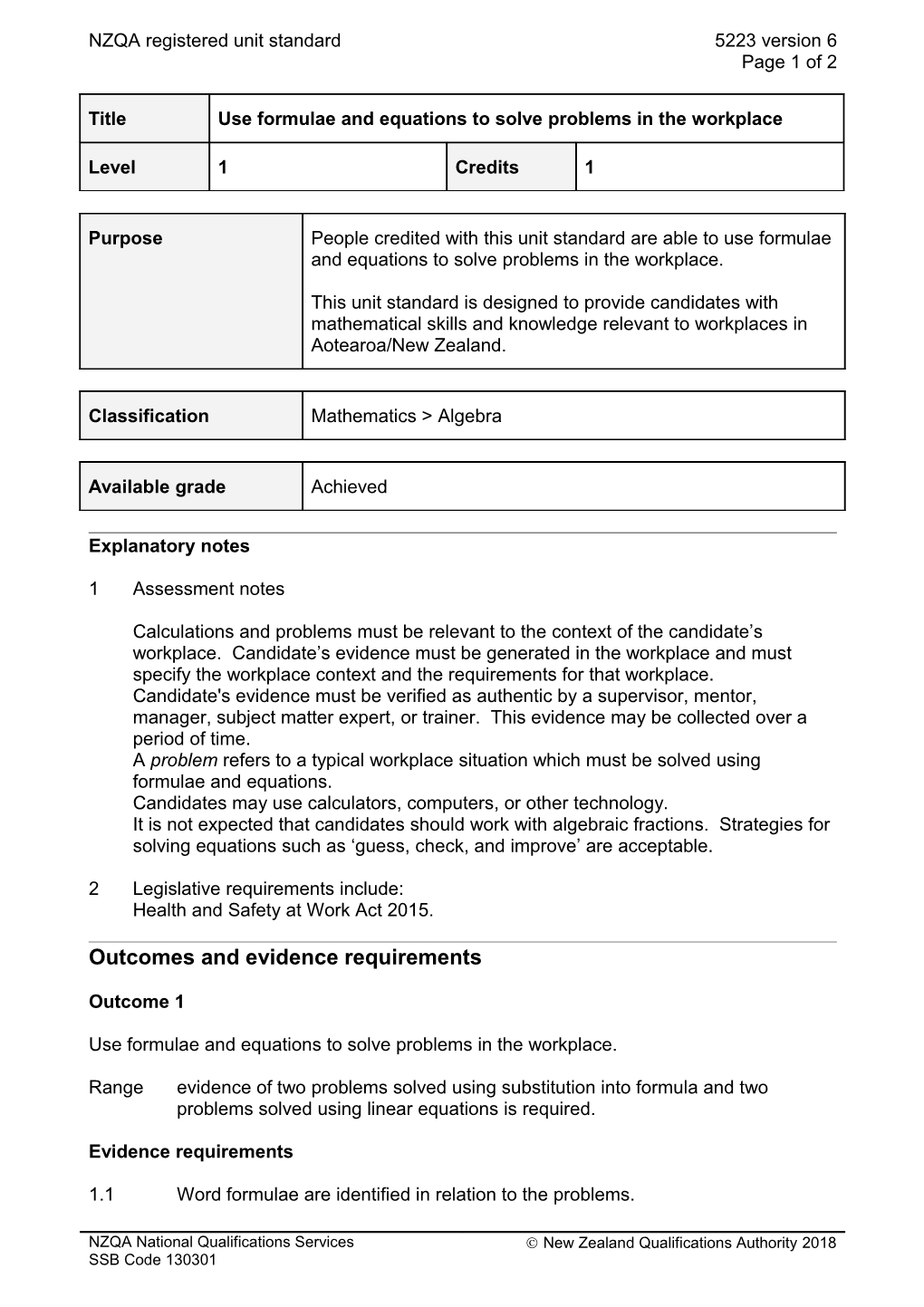 5223 Use Formulae and Equations to Solve Problems in the Workplace