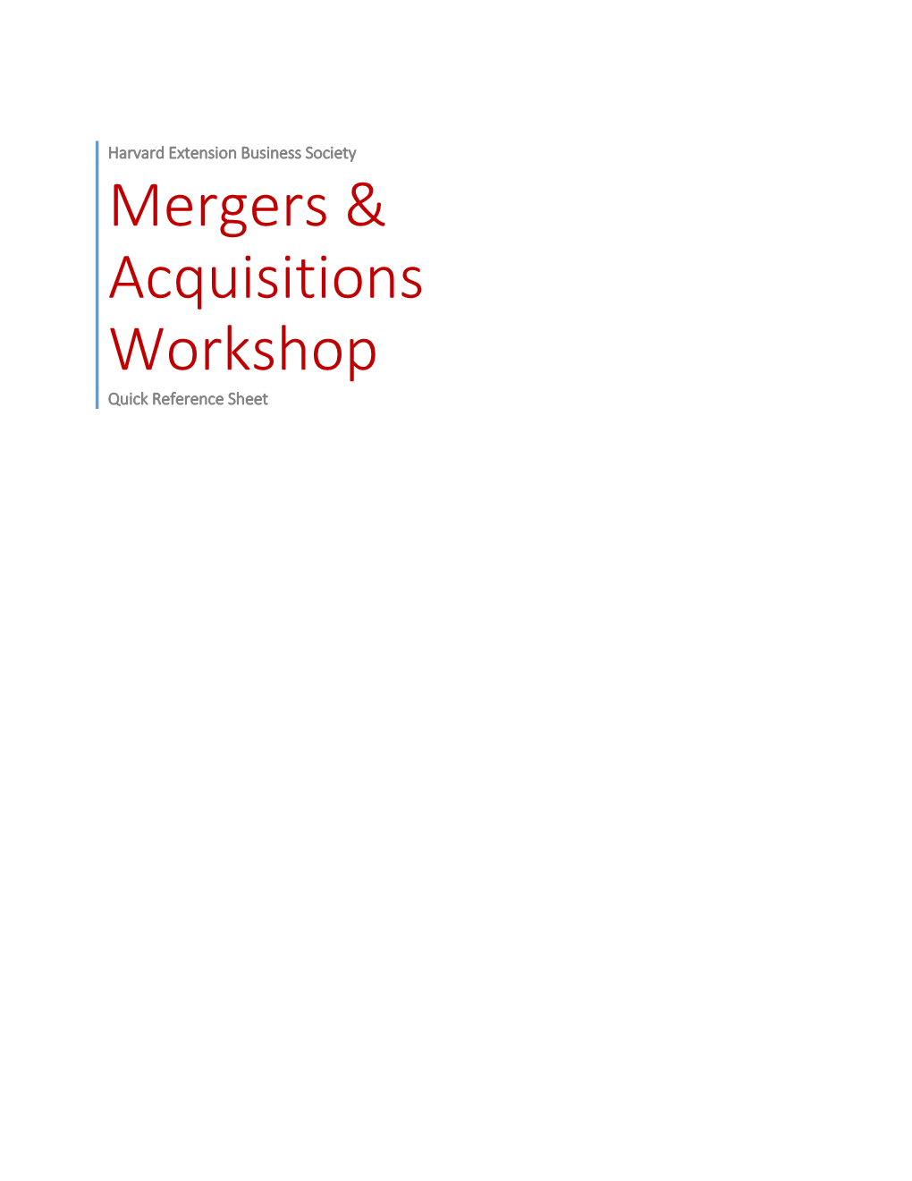 Mergers & Acquisitions Workshop