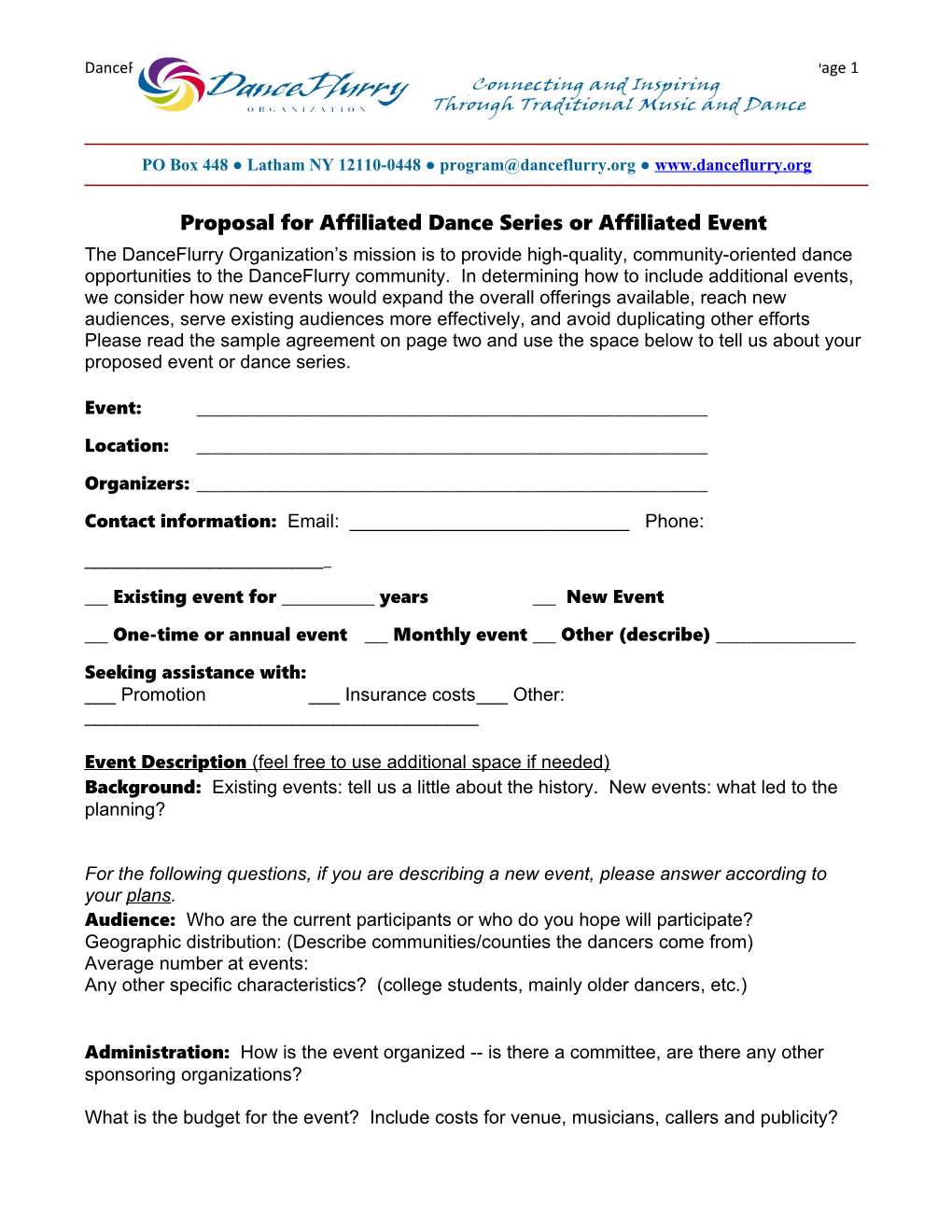 Proposal for Affiliated Dance Series Or Affiliated Event