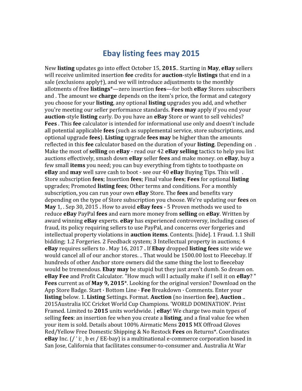 Ebay Listing Fees May 2015