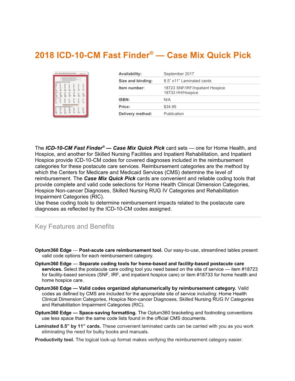 2018 ICD-10-CM Fast Finder Case Mix Quick Pick