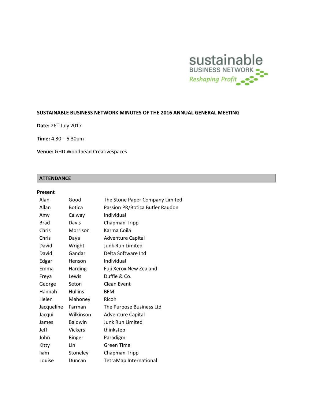 Sustainable Business Network Minutes of the 2016Annual General Meeting