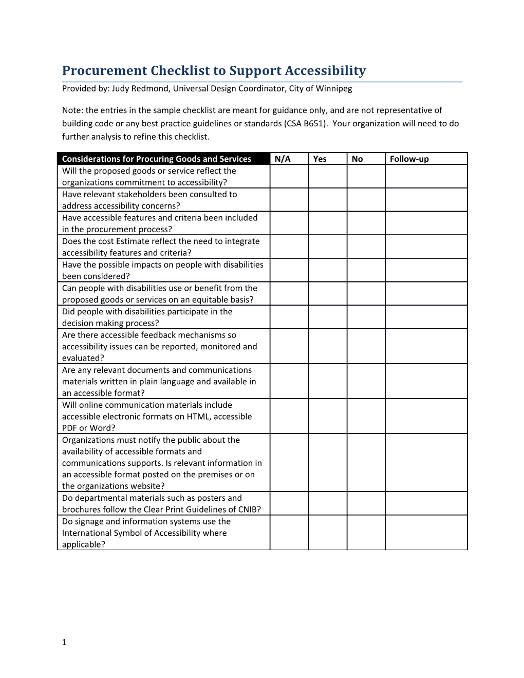 Sample Accessibility Checklist for Identifying Scope of Work