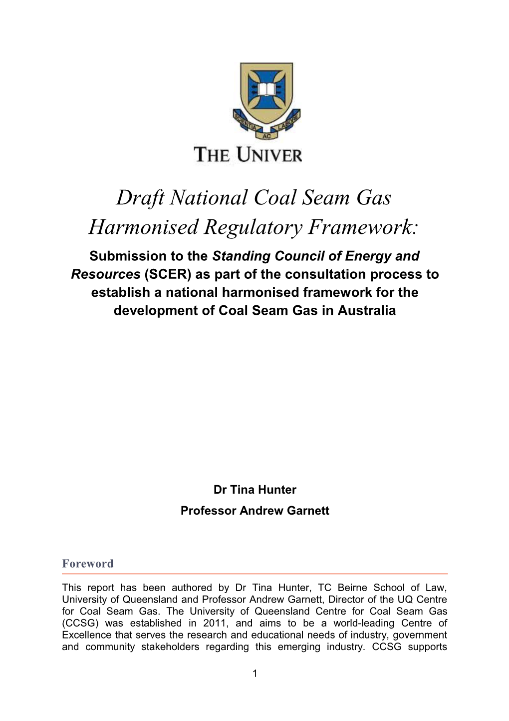 Draft National Coal Seam Gas Harmonised Regulatory Framework