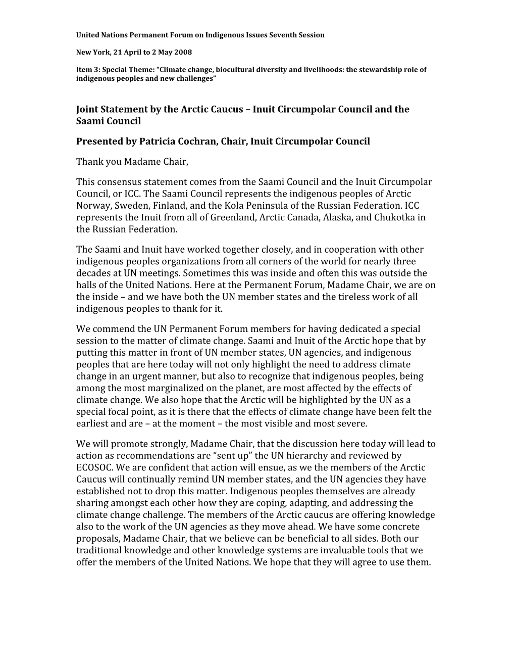 Joint Statement by the Arctic Caucus Inuit Circumpolar Council and the Saami Council