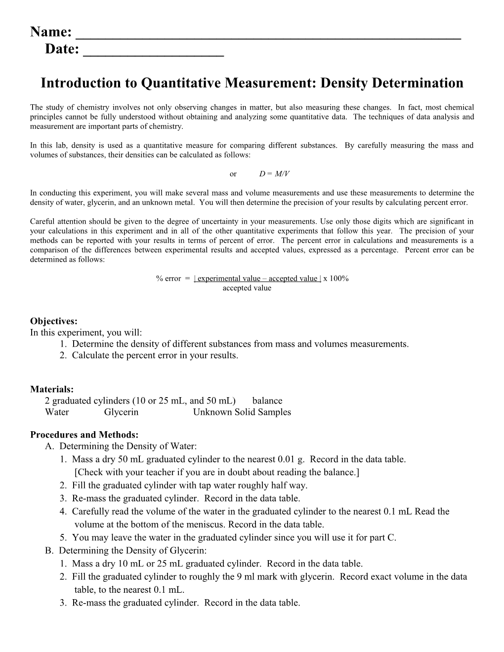 Introduction to Quantitative Measurement: Density Determination Lab 3