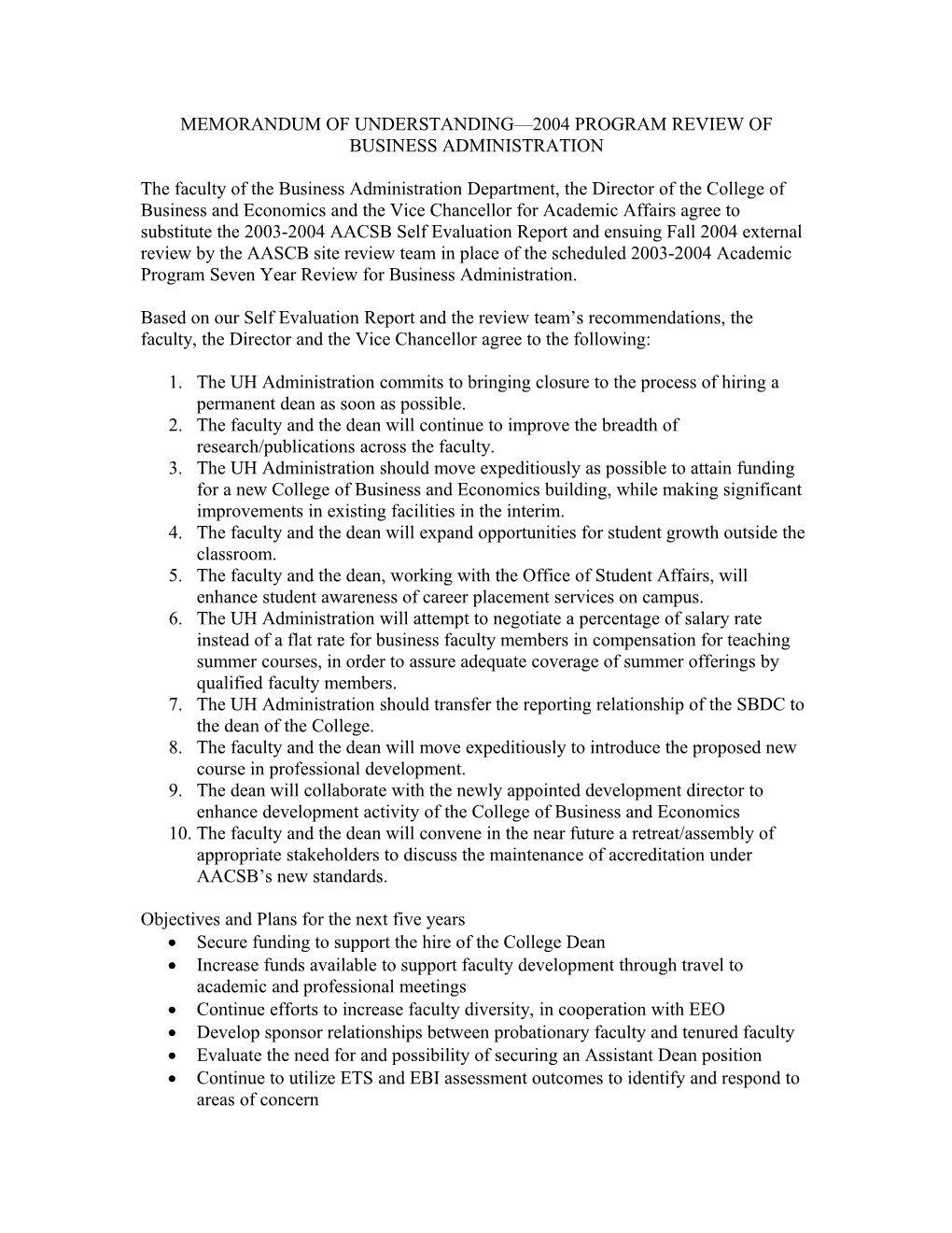 Memorandum of Understanding 2004 Program Review of Business Administration