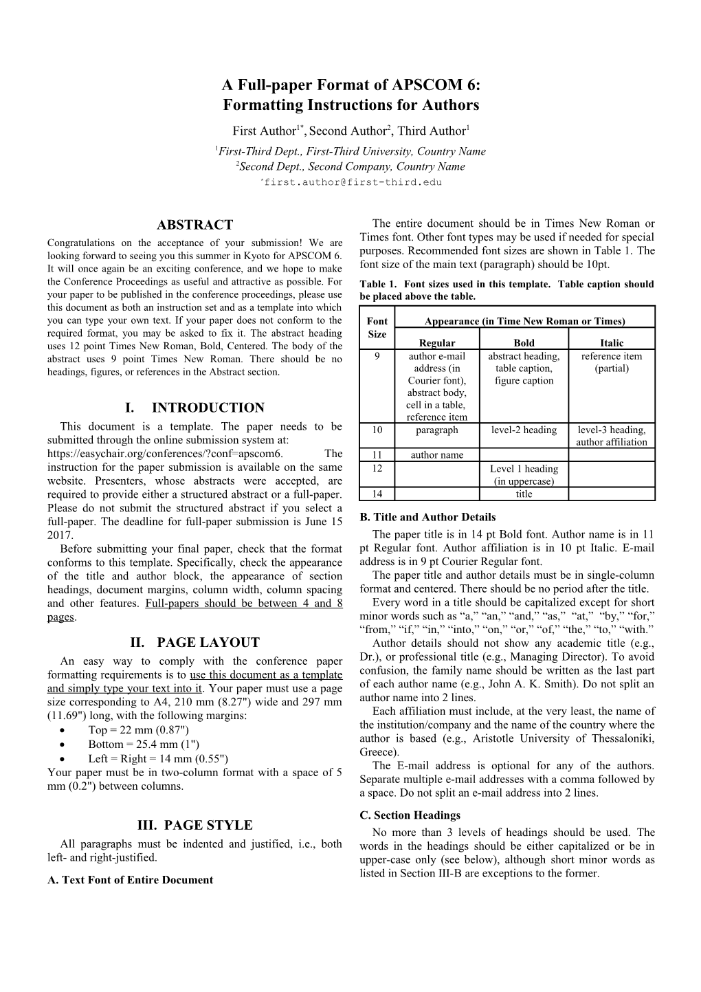 A Full-Paper Format of APSCOM 6