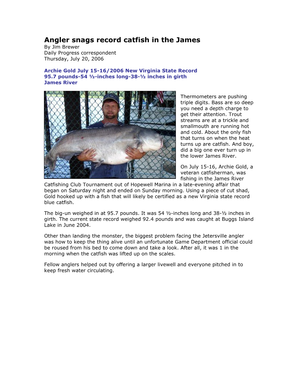 Angler Snags Record Catfish in the James