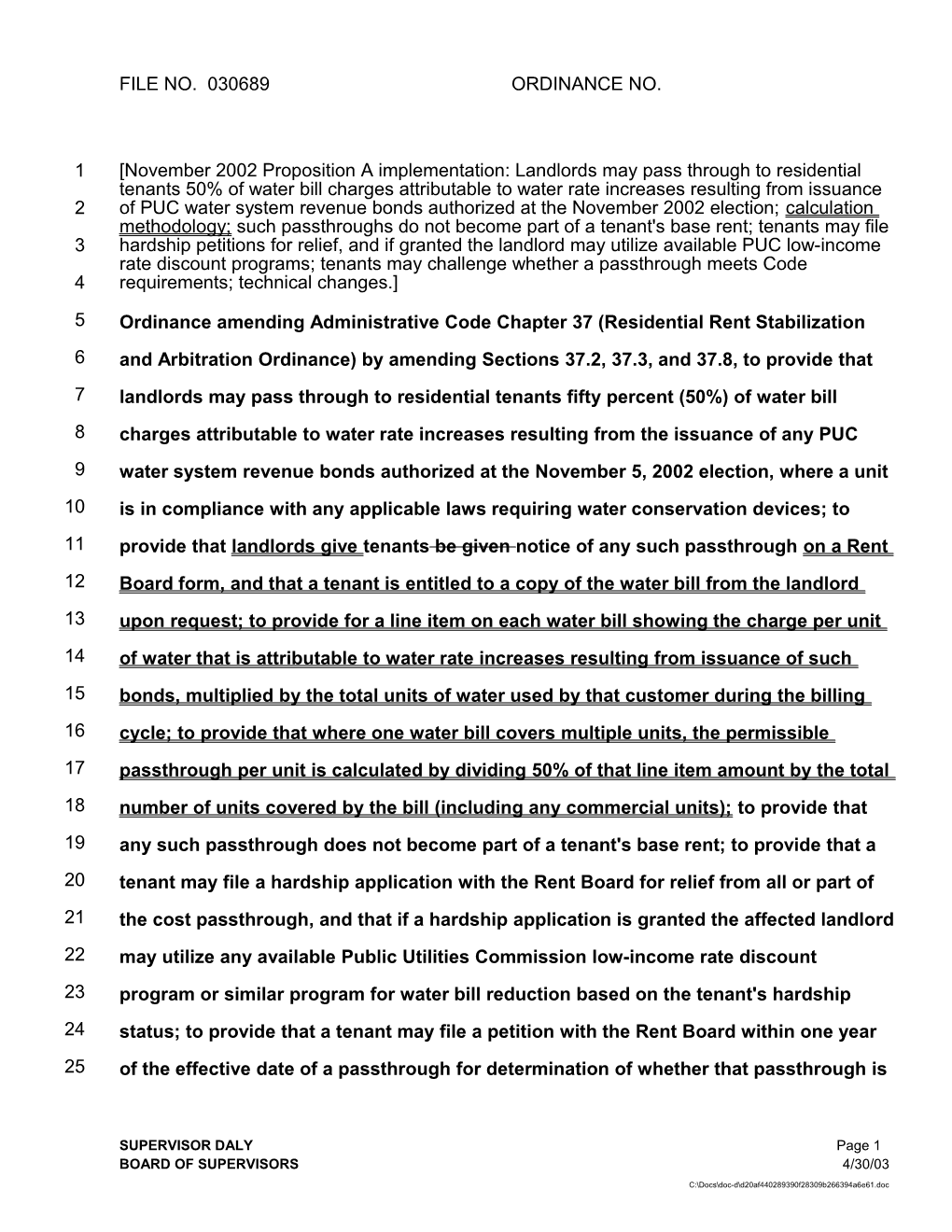 Rent Ordinance Amendment Re Passthrough of Revenue Bond Water Bill Increase