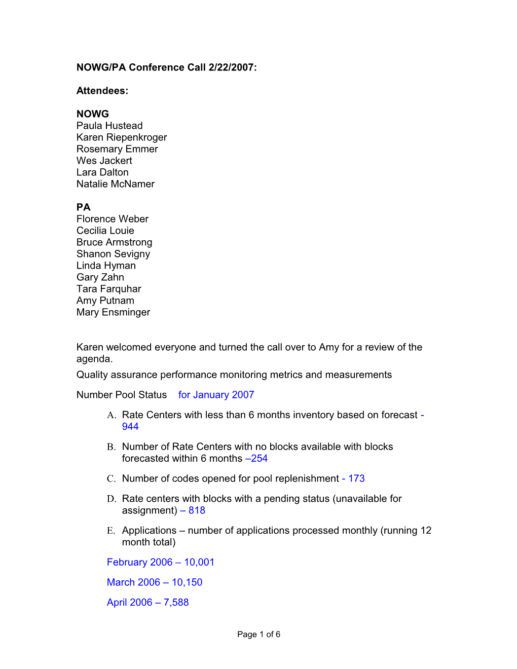 NOWG/PA Conference Call 2/22/2007
