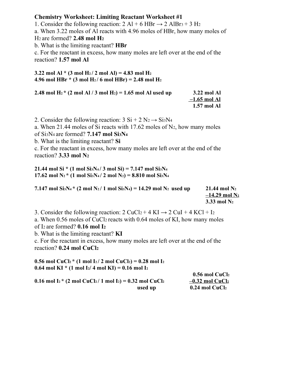 Chemistry Worksheet: Limiting Reactant Worksheet #1