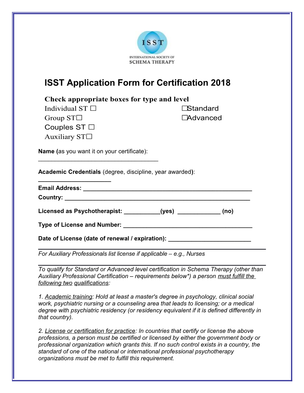 ISST Application Form for Certification 2018