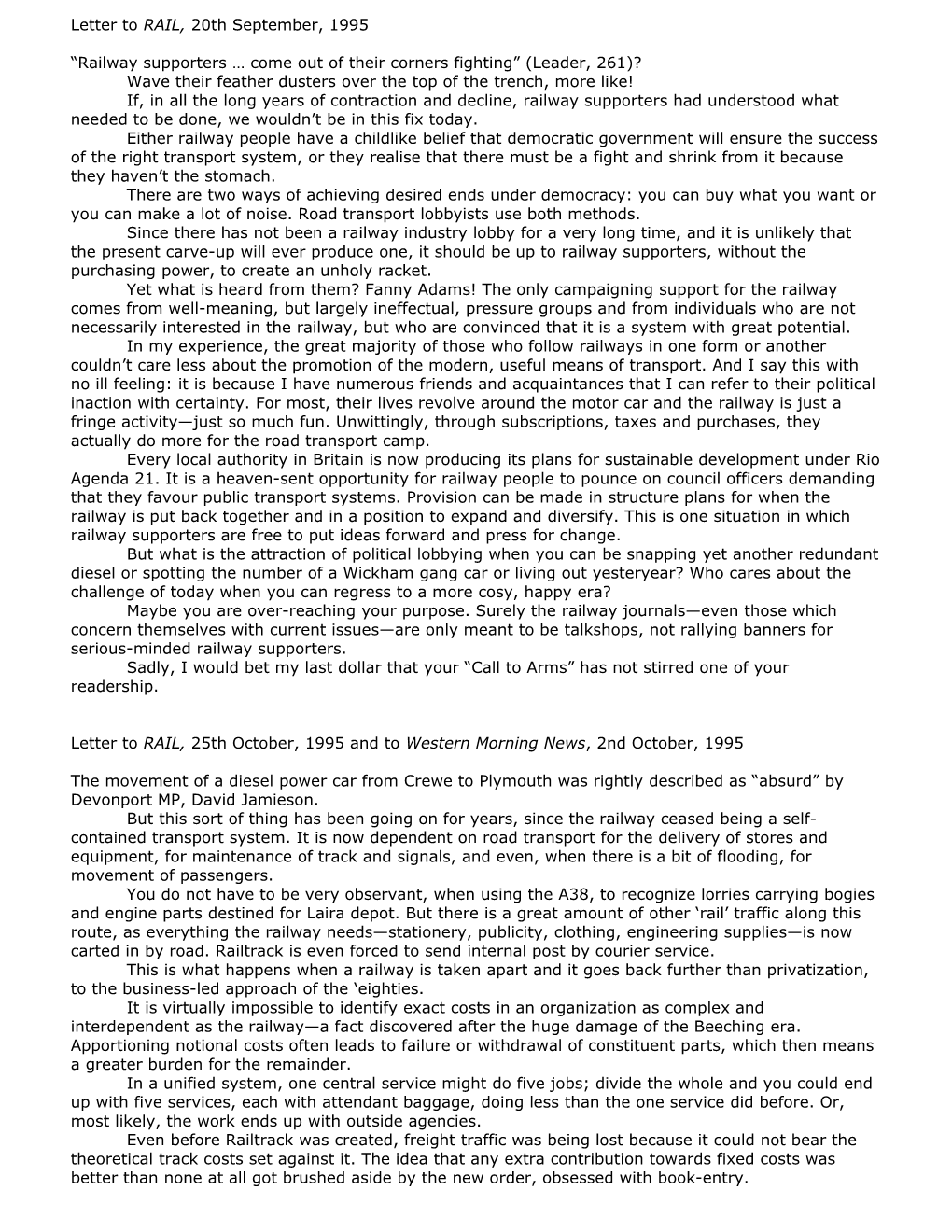 Letter to RAIL, 20Th September, 1995