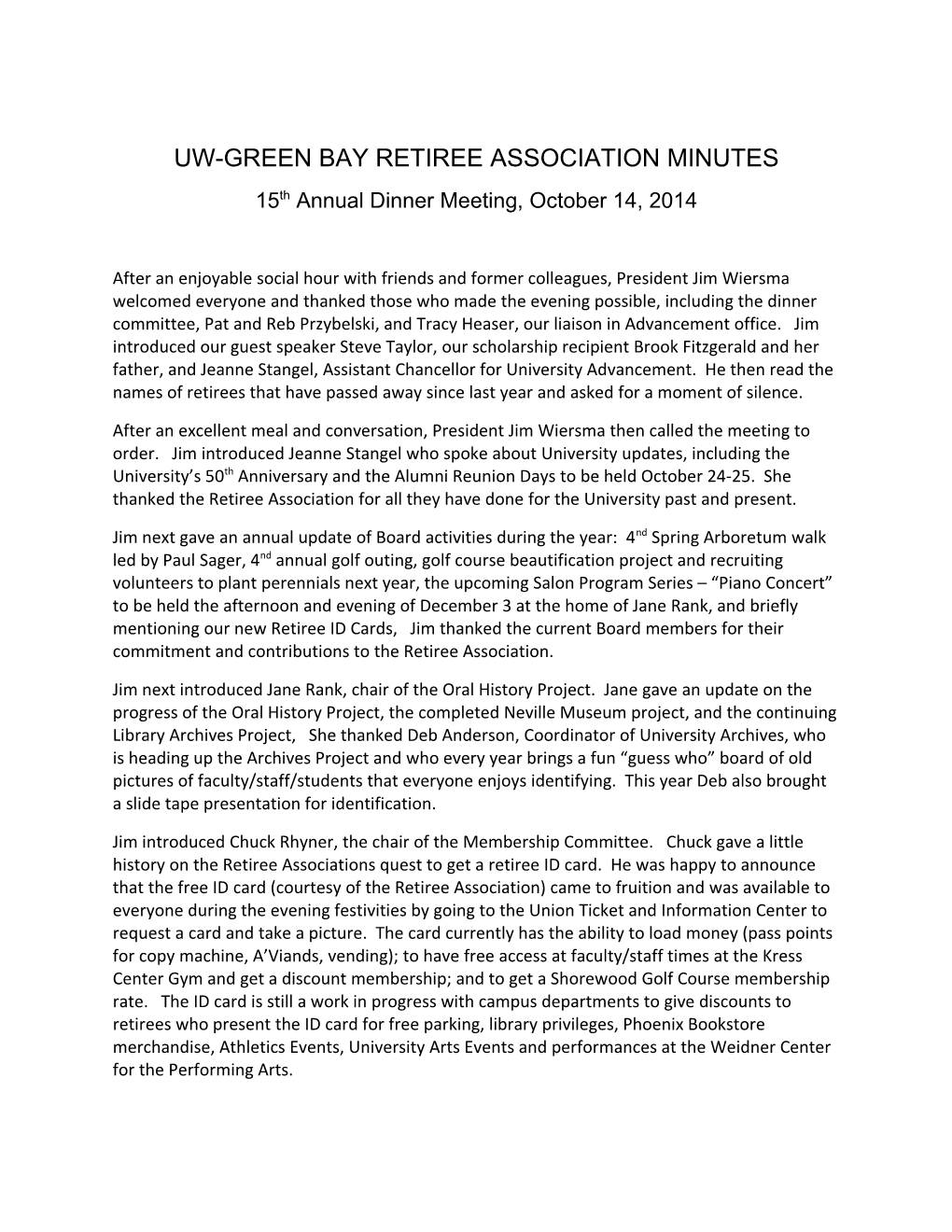 Uw-Green Bay Retiree Association Minutes