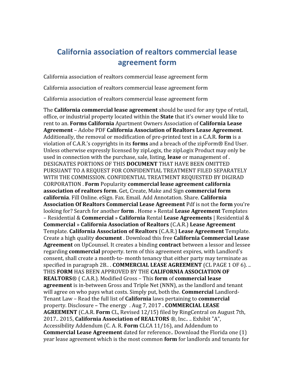 California Association of Realtors Commercial Lease Agreement Form