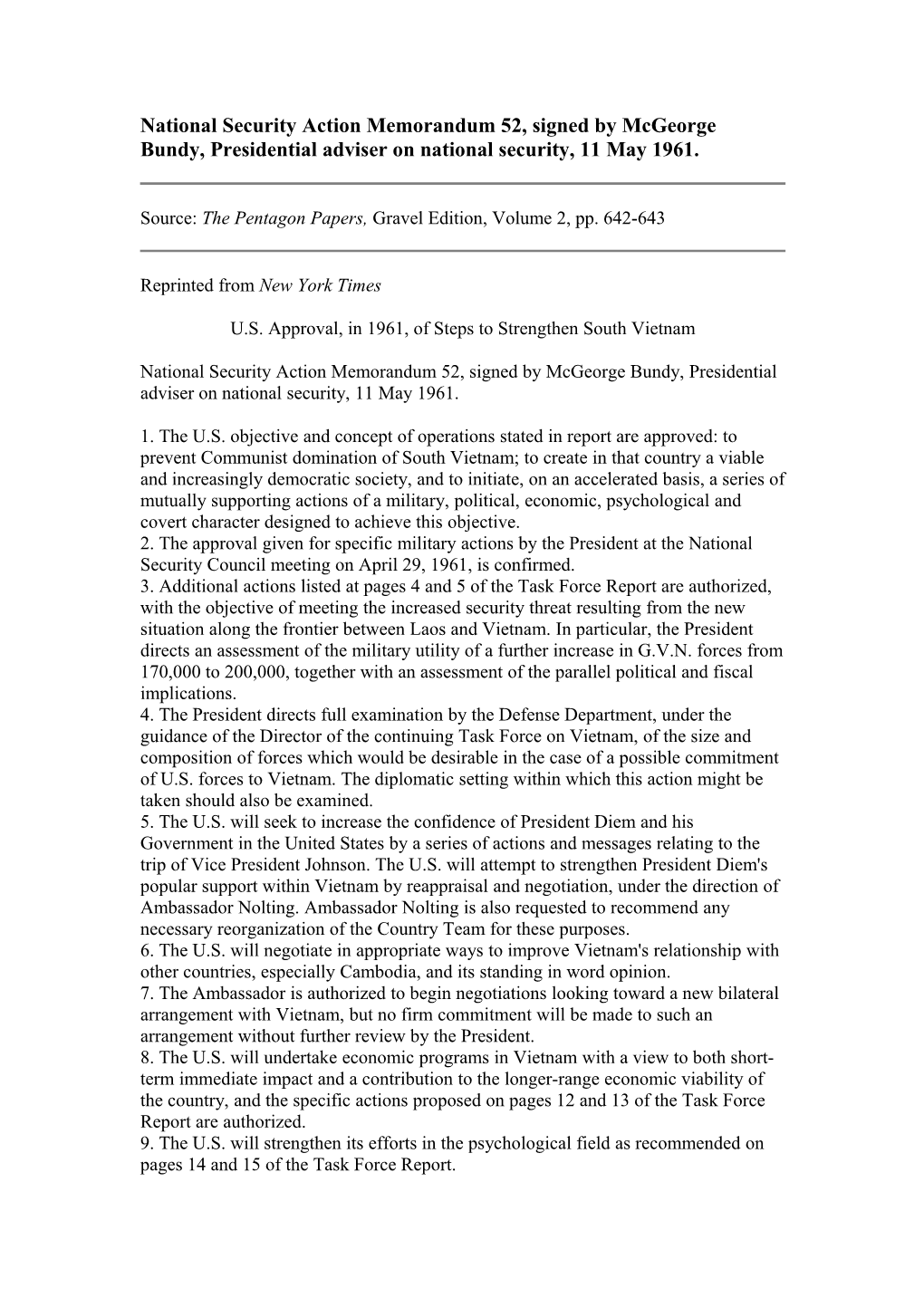 National Security Action Memorandum 52, Signed by Mcgeorge Bundy, Presidential Adviser