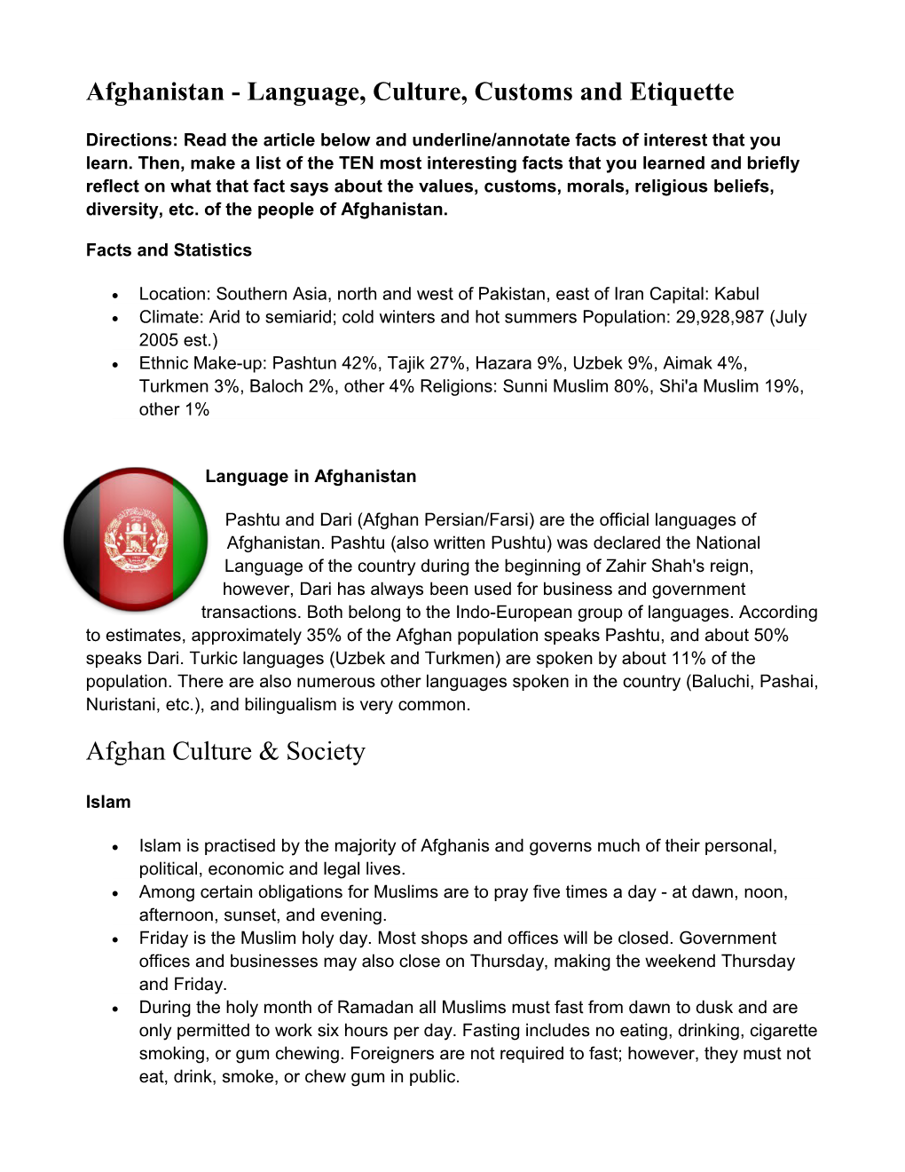 Afghanistan - Language, Culture, Customs and Etiquette