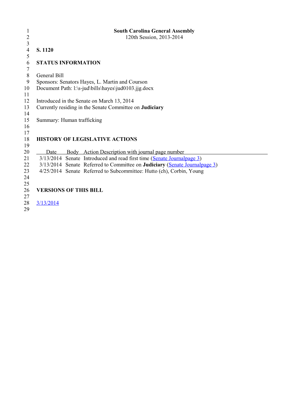 2013-2014 Bill 1120: Human Trafficking - South Carolina Legislature Online