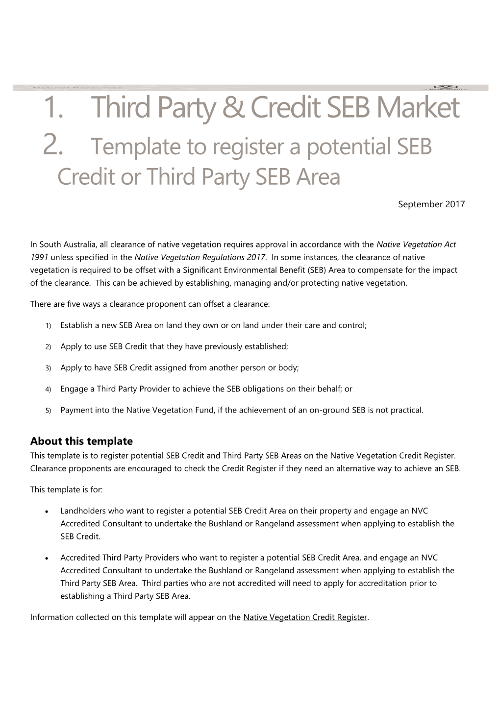 Template to Register a Potential SEB Credit Or Third Party SEB Area
