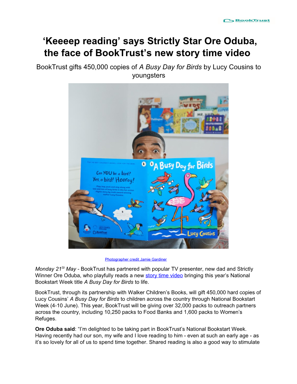 Booktrust Gifts 450,000 Copies of a Busy Day for Birds by Lucy Cousinsto Youngsters