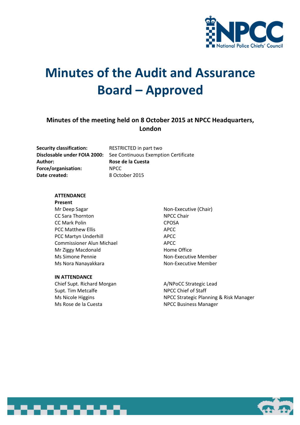 Minutes of the Audit and Assurance Board Approved
