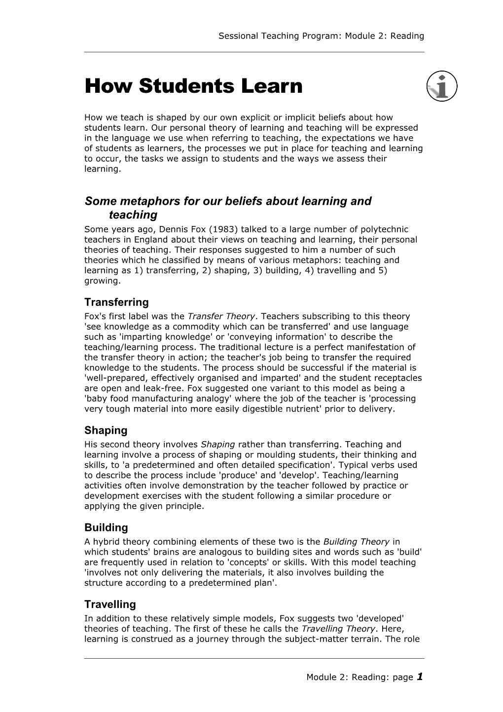 Sessional Teaching Program: Module 2: Reading