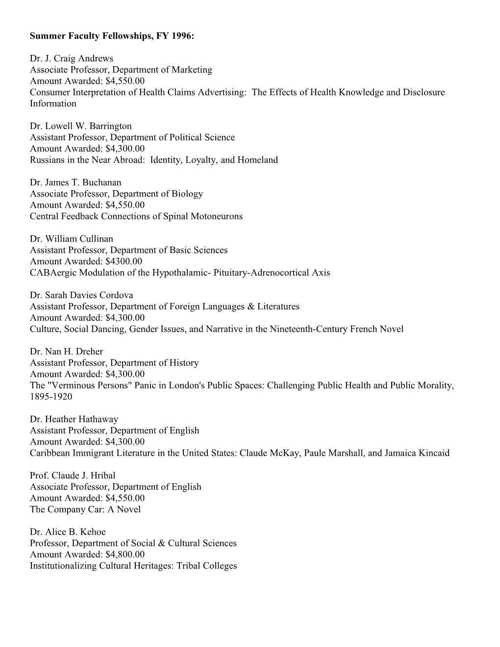 Summer Faculty Fellowships, FY 1996