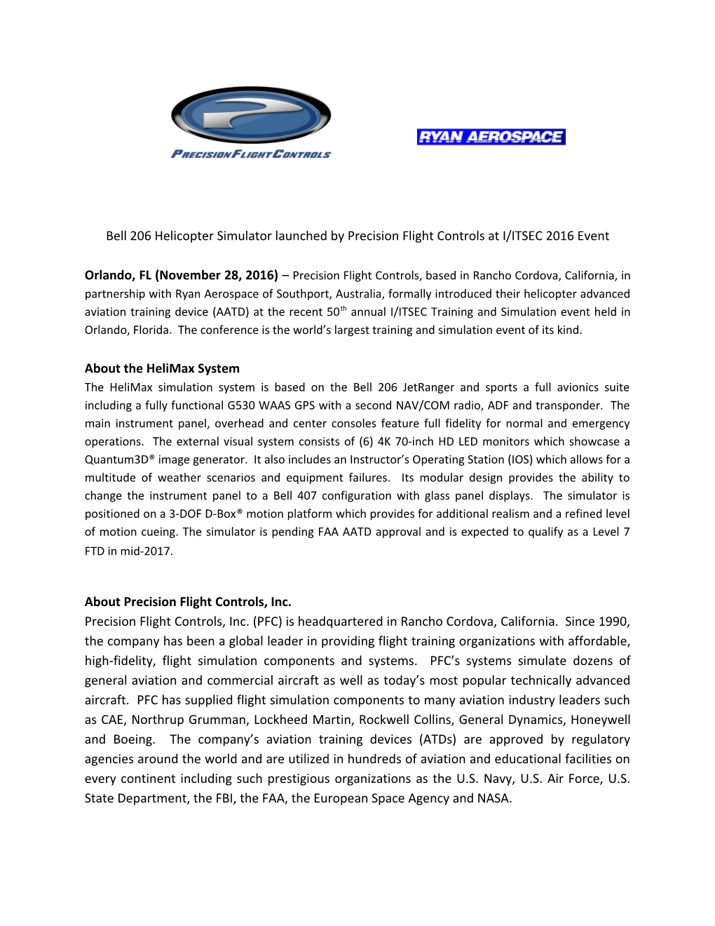 Bell 206 Helicopter Simulator Launched by Precision Flight Controls at I/ITSEC 2016 Event