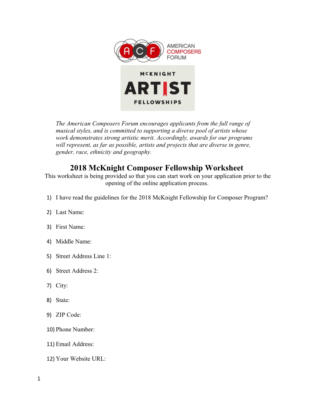 2018 Mcknight Composer Fellowship Worksheet