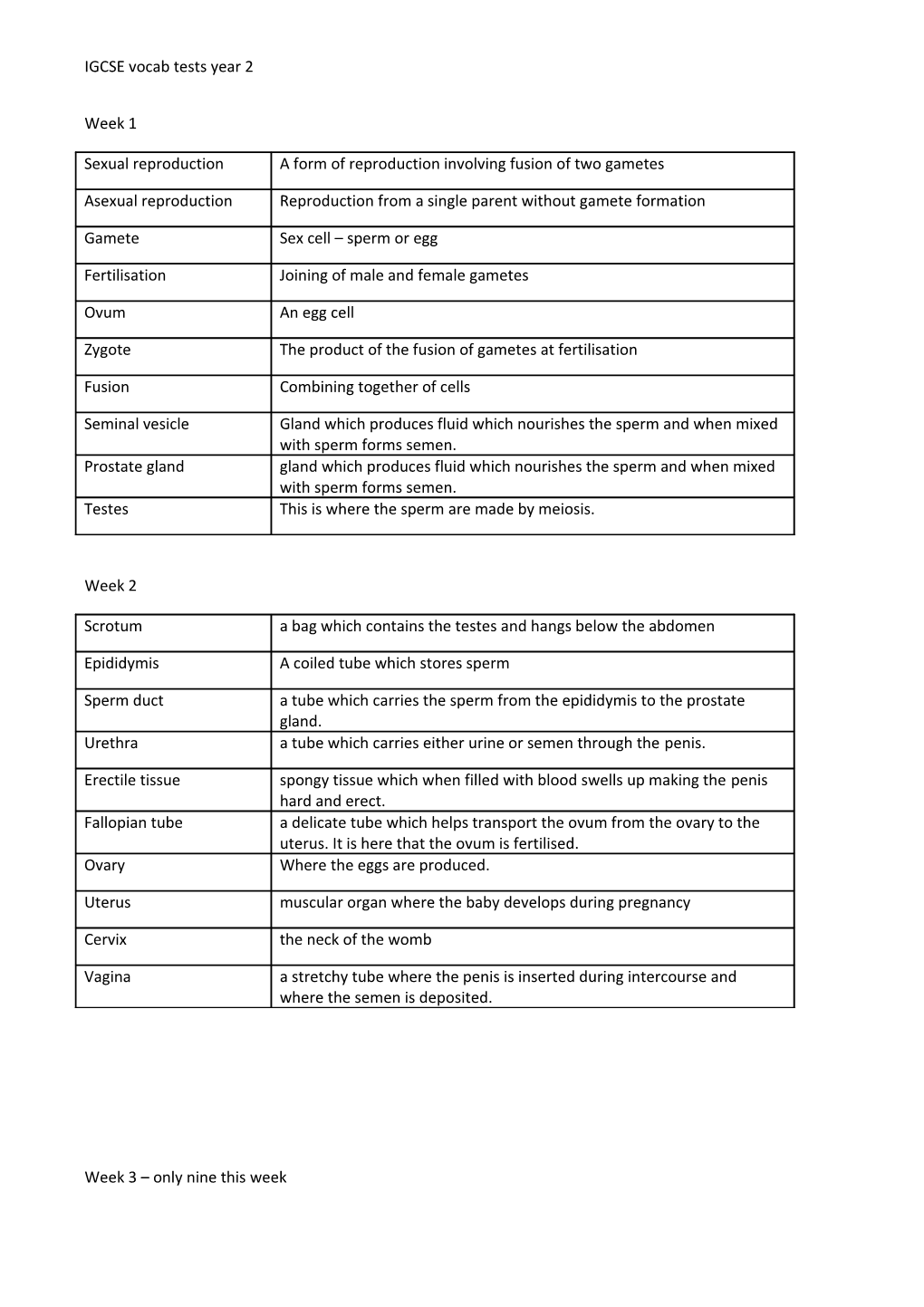 IGCSE Vocab Tests Year 2