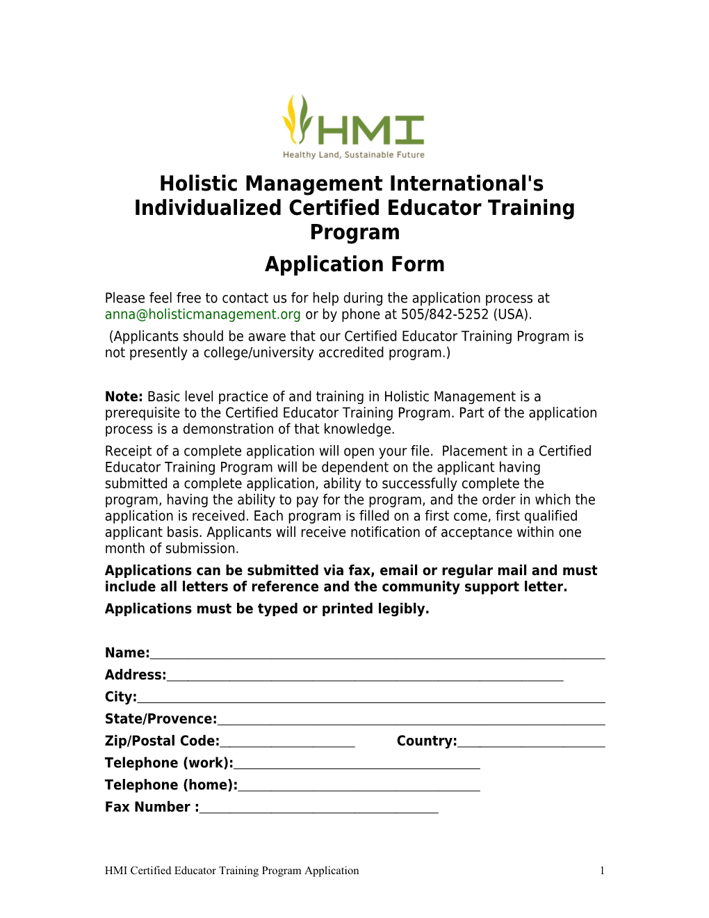 Application Form: Holistic Management International's