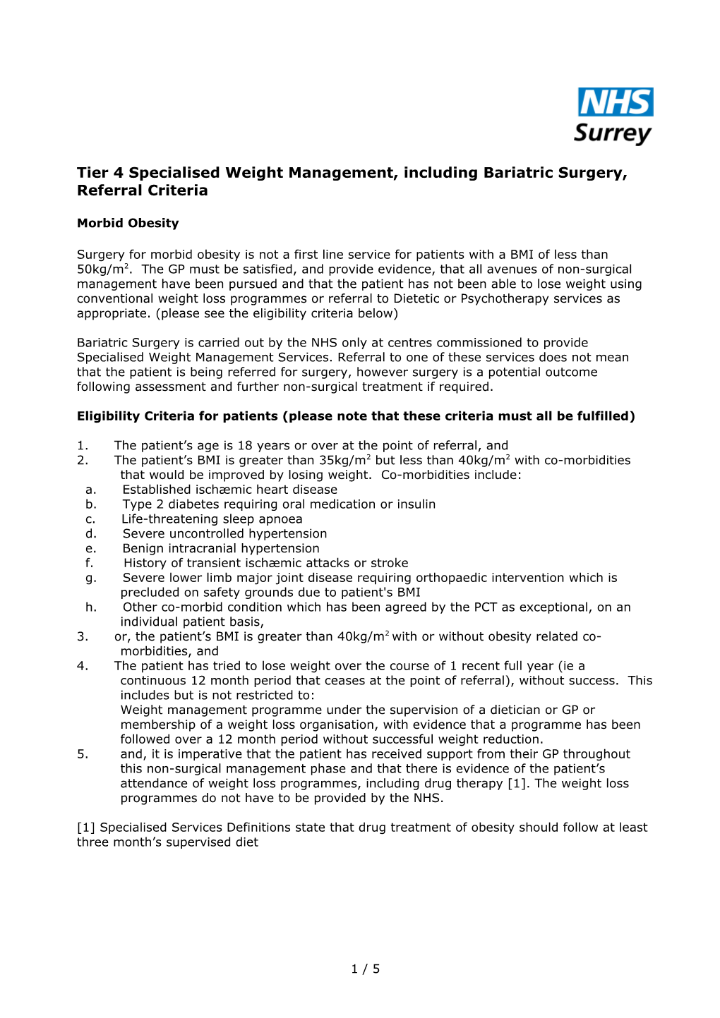 Tier 4 Specialised Weight Management, Including Bariatric Surgery, Referral Criteria
