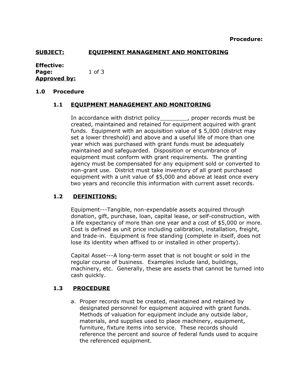 Subject:Equipment Management and Monitoring