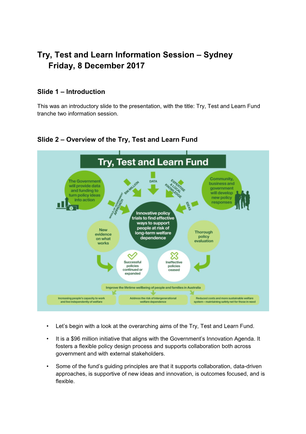 Try, Test and Learn Information Session Sydneyfriday, 8 December 2017