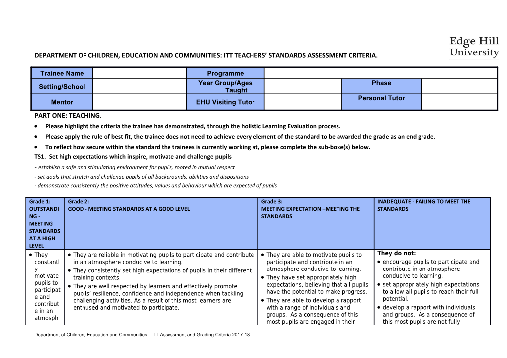Department of Children, Education and Communities: Itt Teachers Standards Assessment Criteria