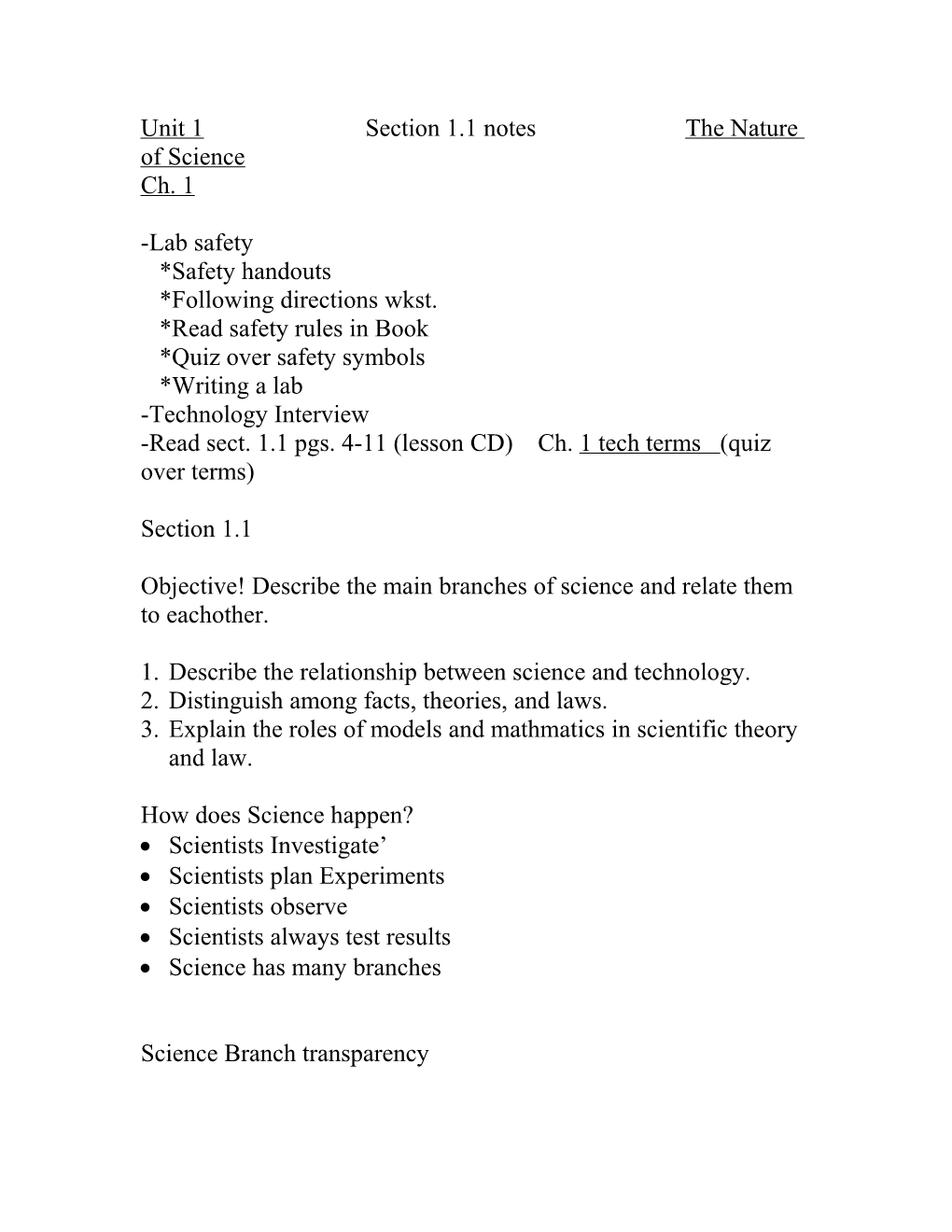 Unit 1 Section 1.1 Notes the Nature of Science