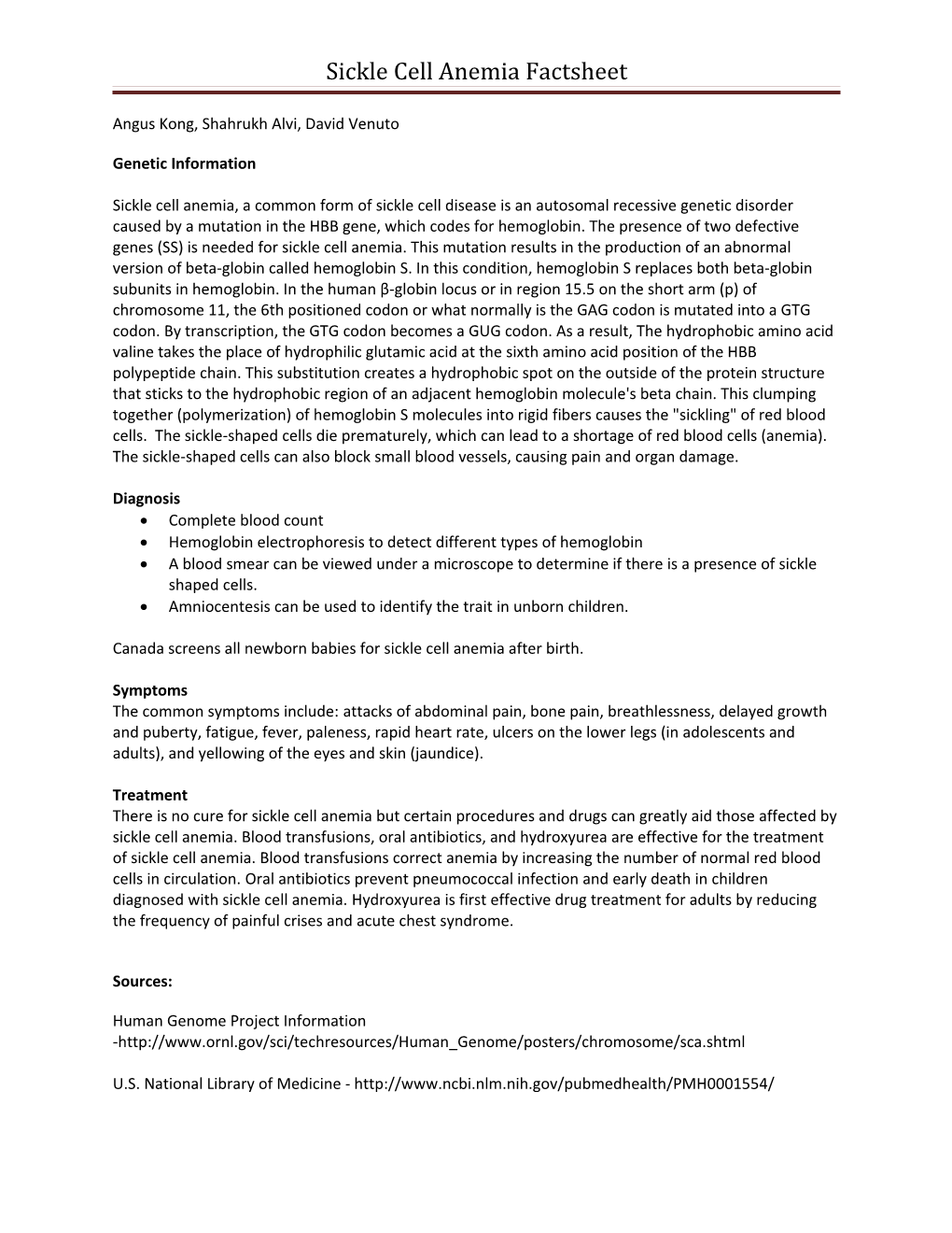 Sickle Cell Anemia Factsheet