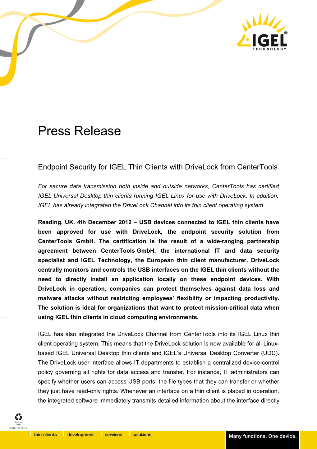 Endpoint Security for IGEL Thin Clients with Drivelock from Centertools