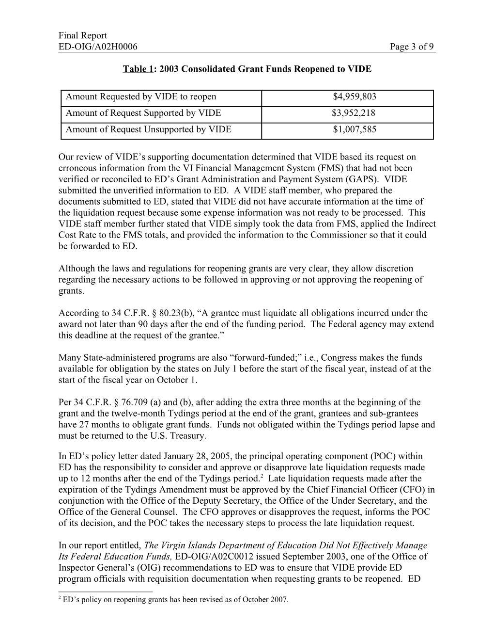 Audit A02H0006 - Audit of the Virgin Islands Department of Education's 2003 Reopened