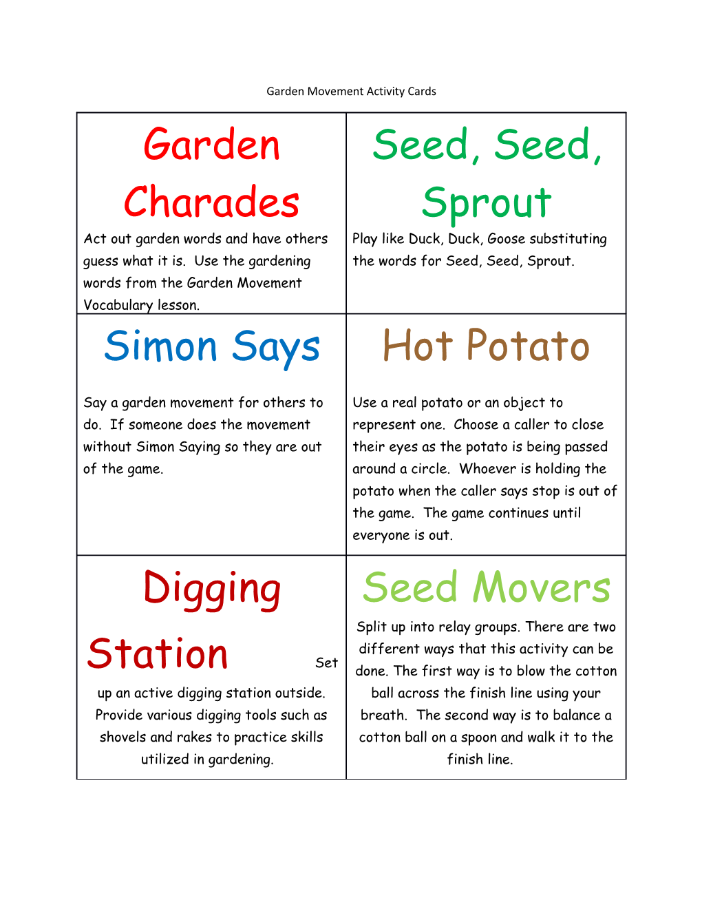Garden Movement Activity Cards