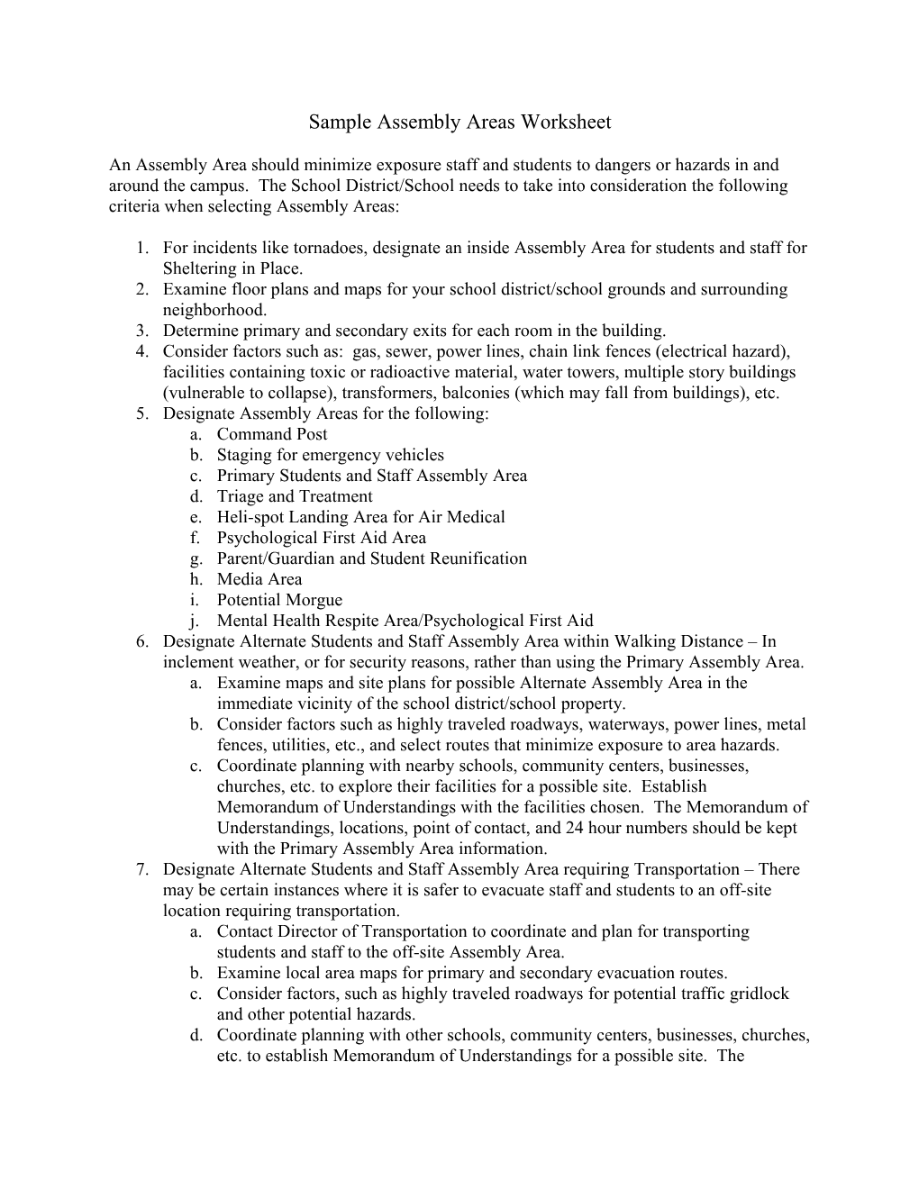 Sample Assembly Areas Worksheet