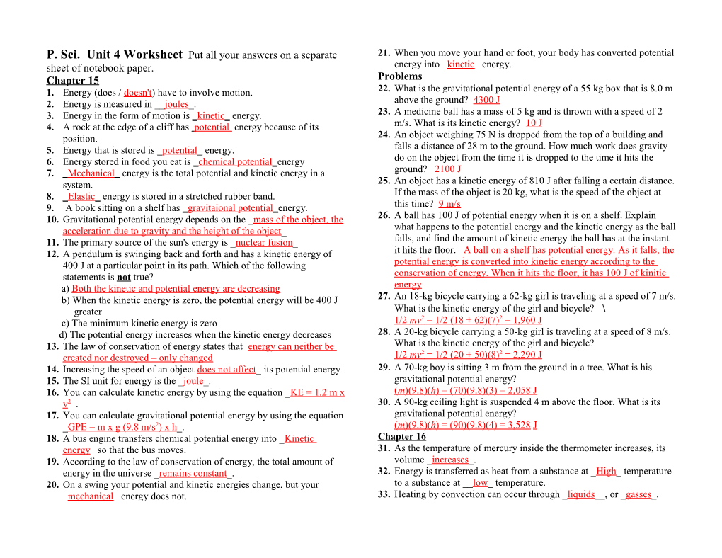 P. Sci. Unit 4 Worksheet Put All Your Answers on a Separate Sheet of Notebook Paper