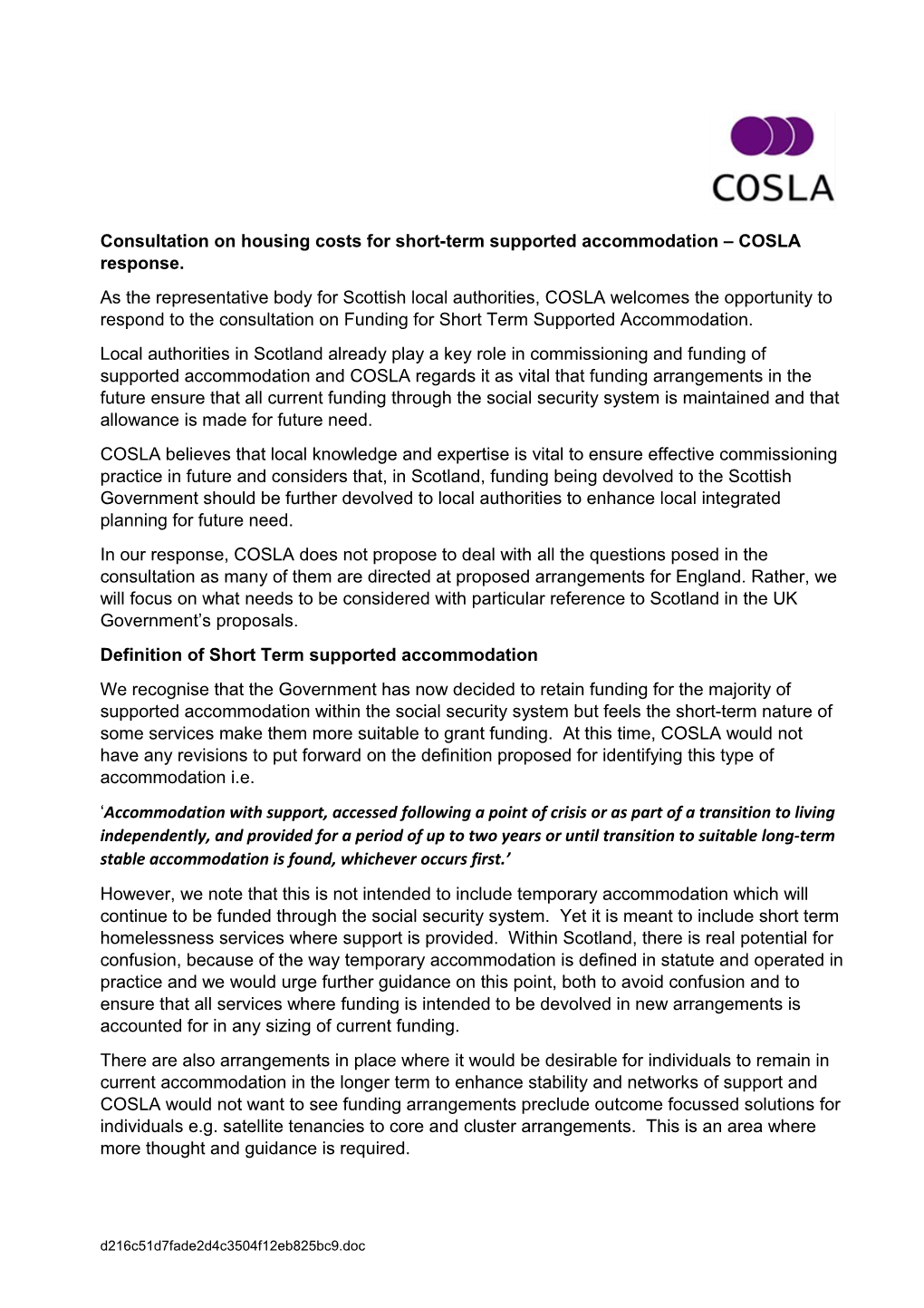 Consultation on Housing Costs for Short-Term Supported Accommodation COSLA Response