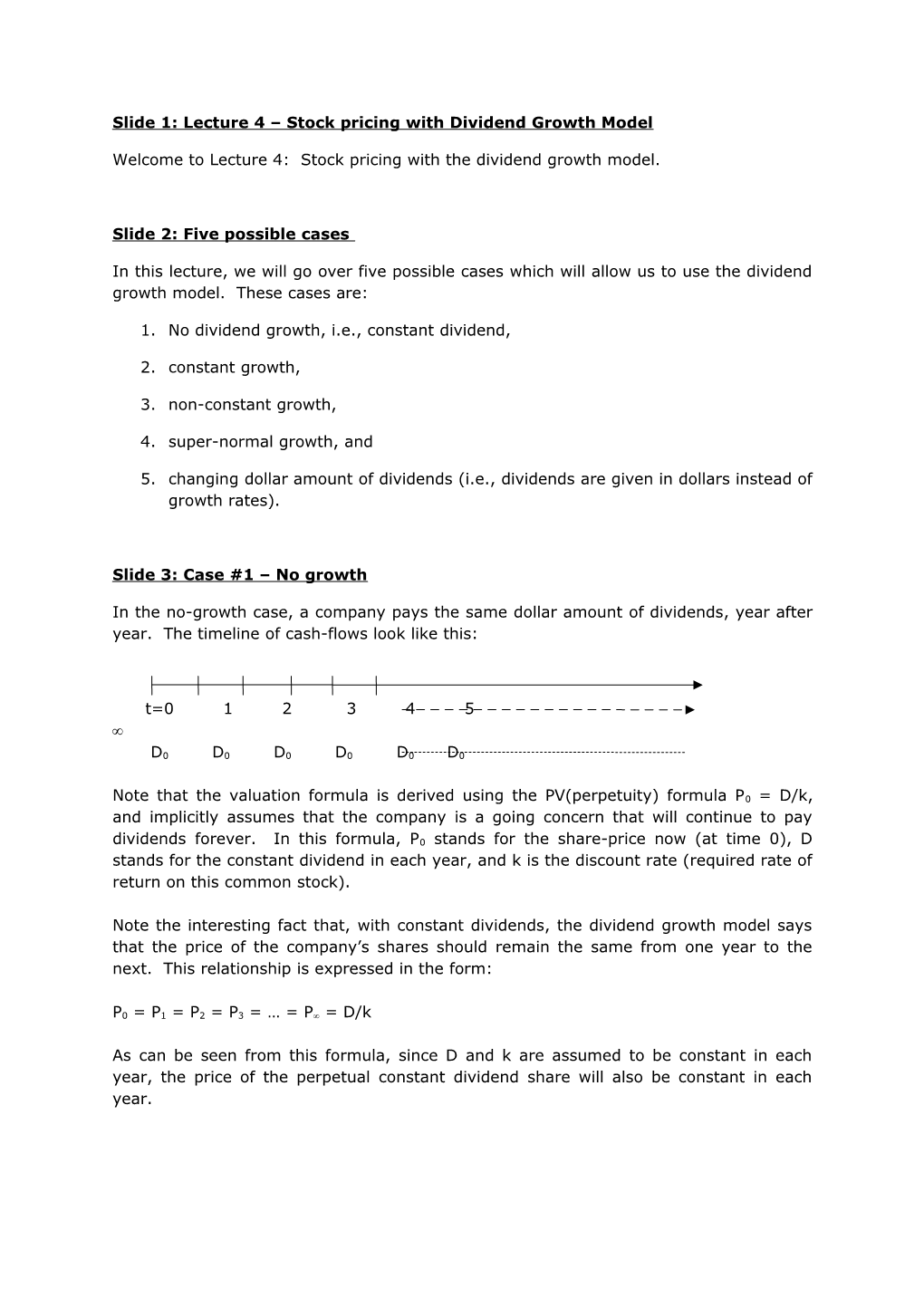 Slide 1: Lecture 4 Stock Pricing with Dividend Growth Model