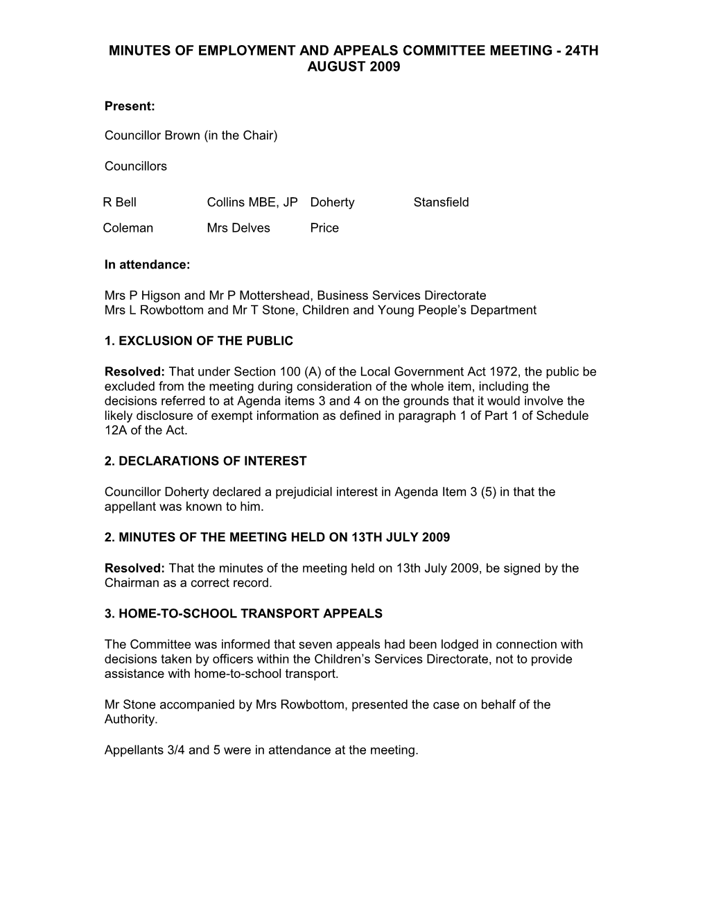 Minutes of Employment and Appeals Committee Meeting - 24Th August 2009