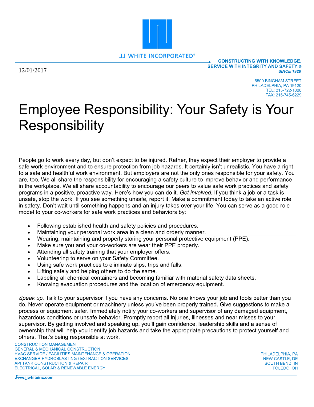 Employee Responsibility: Your Safety Is Your Responsibility
